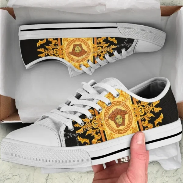 Versace Medusa Black Gold Low Top Canvas Shoes Luxury Brand