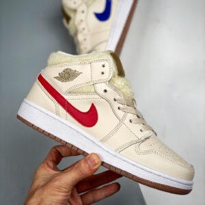 Air Jordan 1 Mid  Fleece White Dark Driftwood-Pink Salt-Racer Blue For Sale