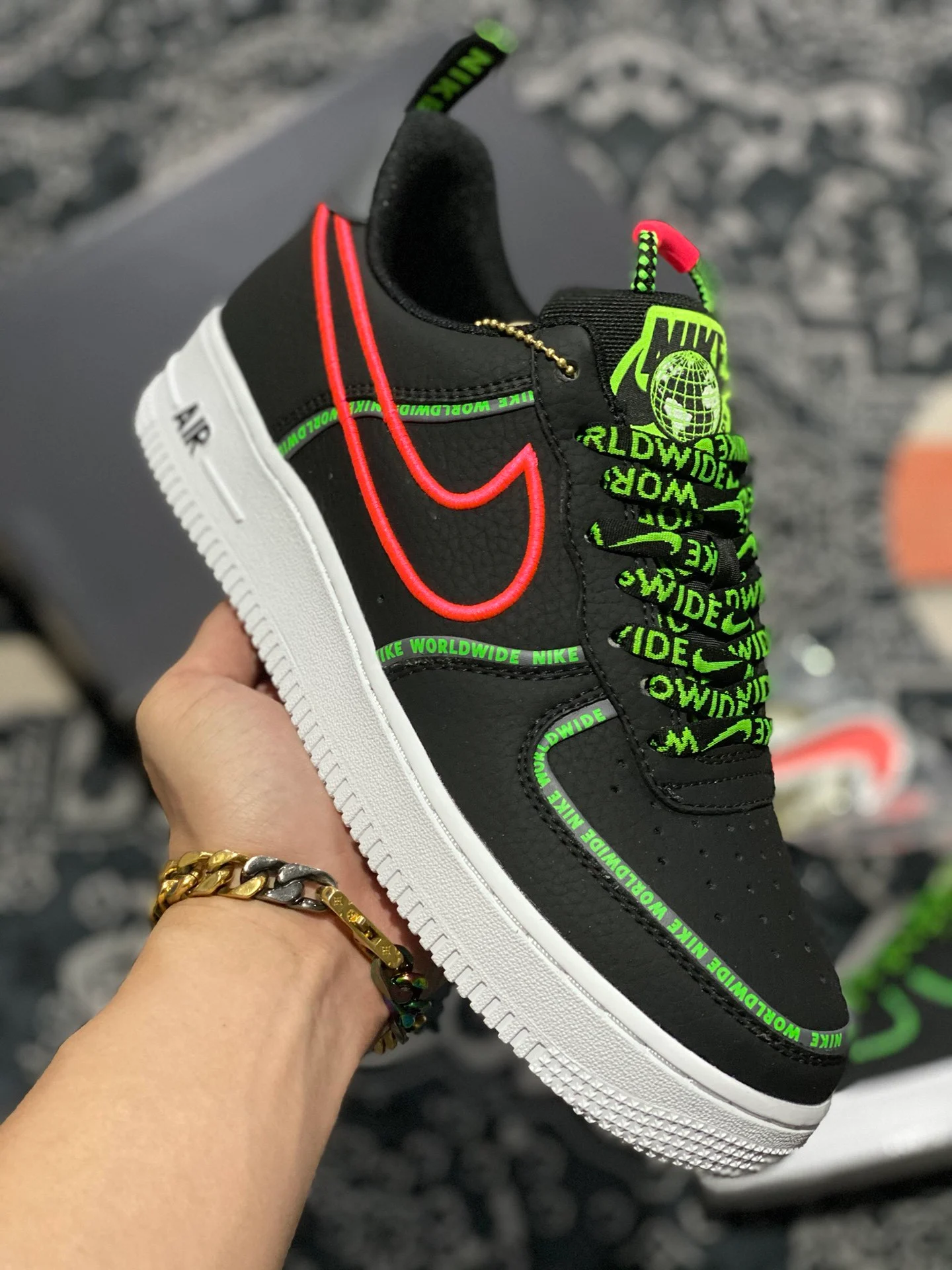 Nike Air Force 1 Worldwide Black Flash Crimson-Green For Sale