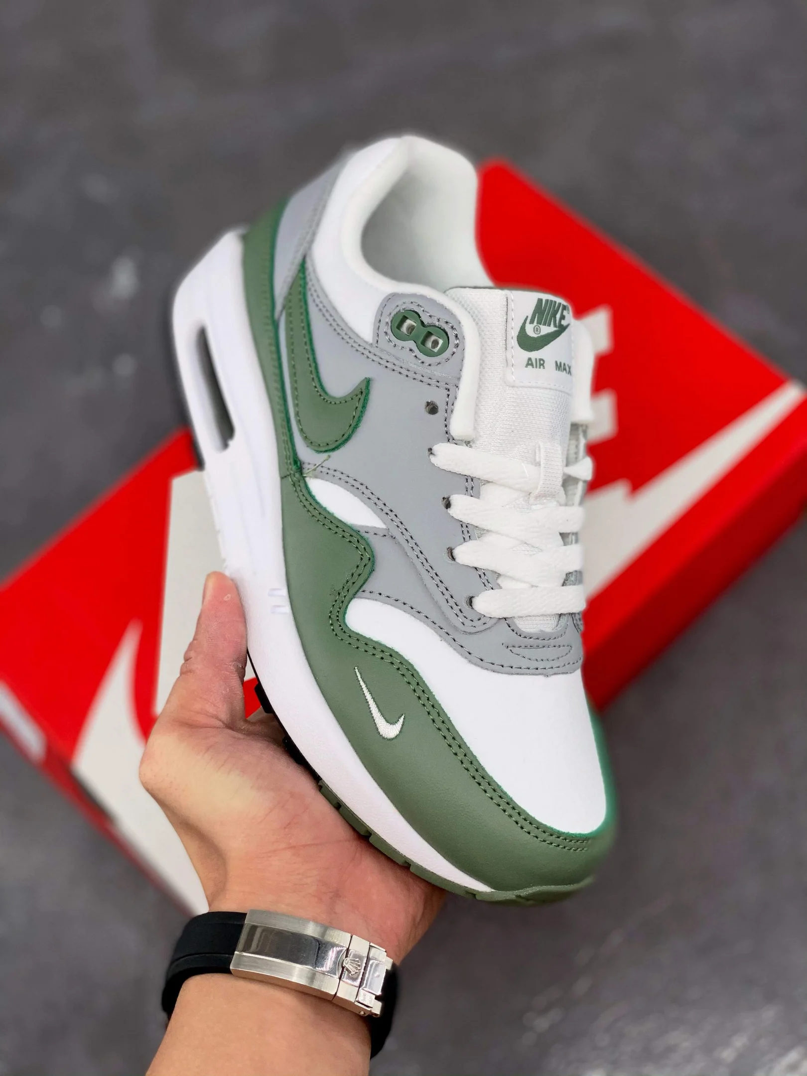 Nike Air Max 1 White Spiral Sage-Wolf Grey-Black For Sale