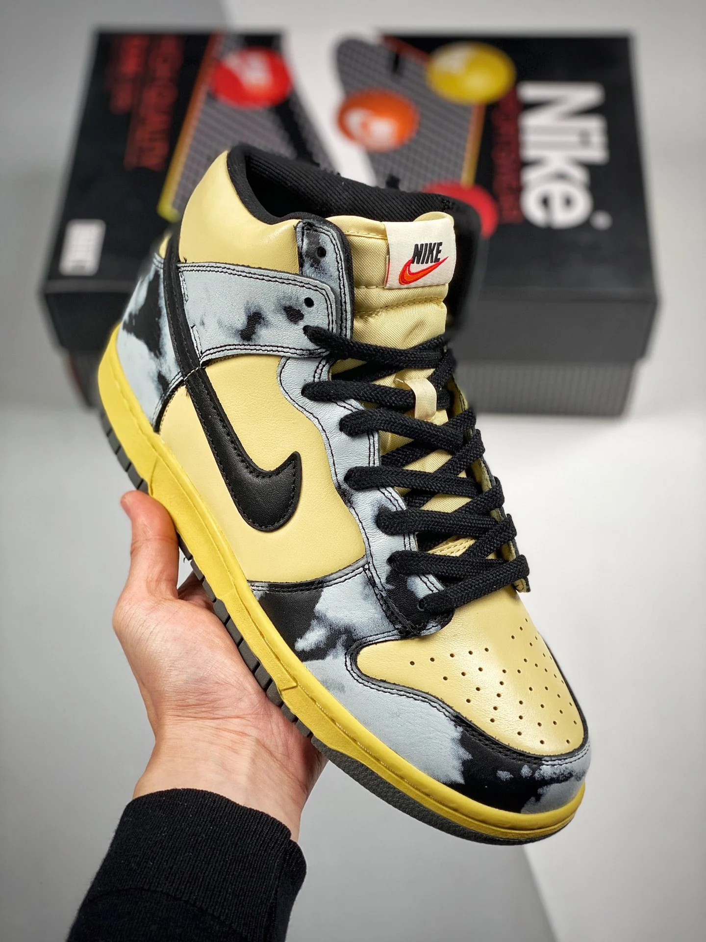 Nike Dunk High 1985 Black Acid Wash Lemon Drop Black-Saturn Gold For Sale