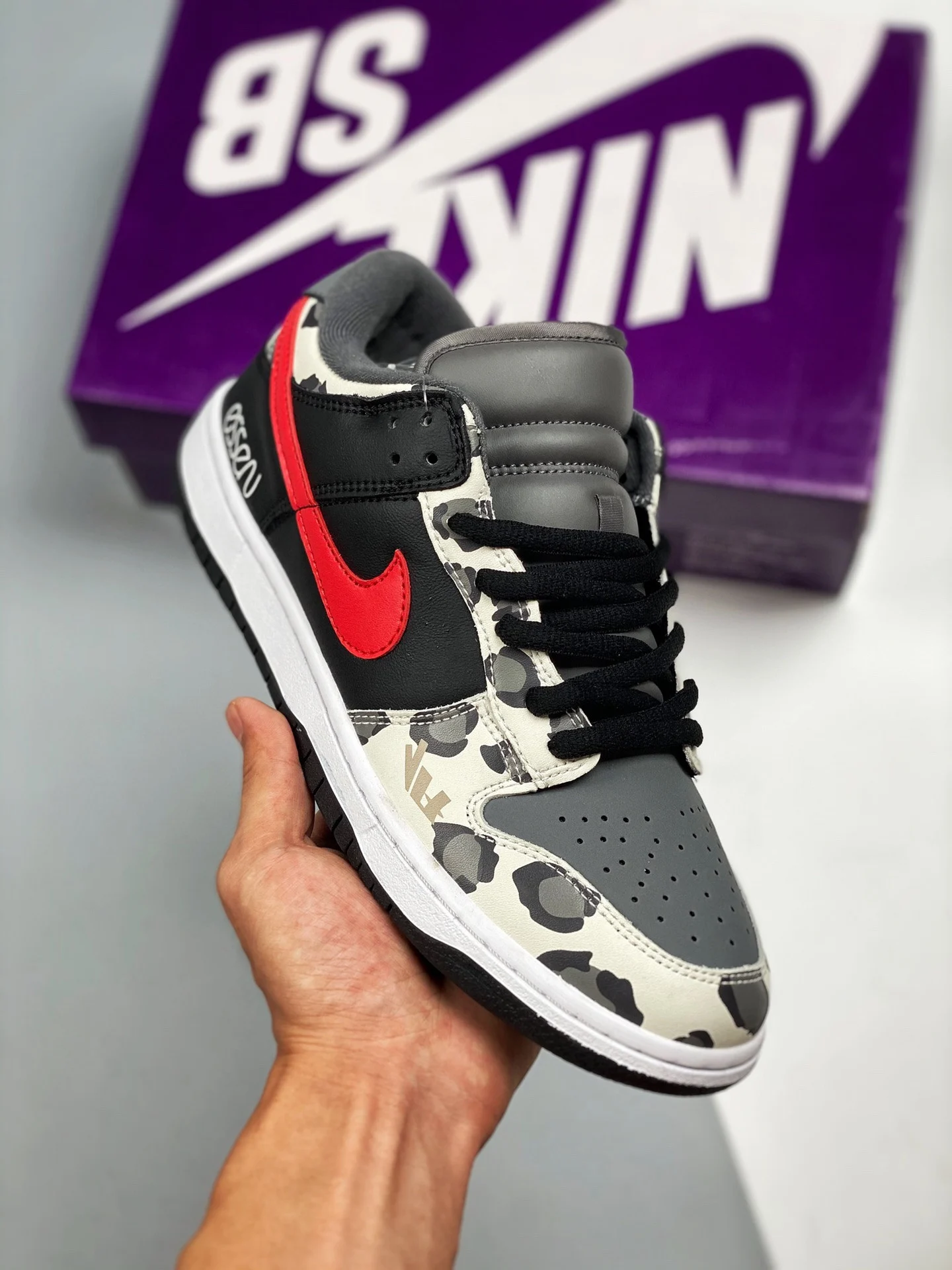 Nike SB Dunk Low Camo Black Grey Red White For Sale